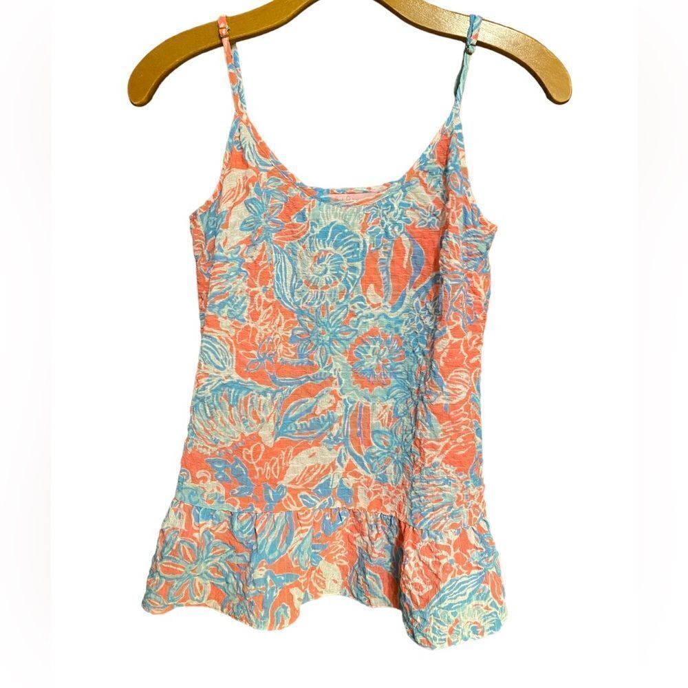 Lilly Pulitzer Sz XS Classic Blue Pink Ruffle Hem Beach Resort Summer Top